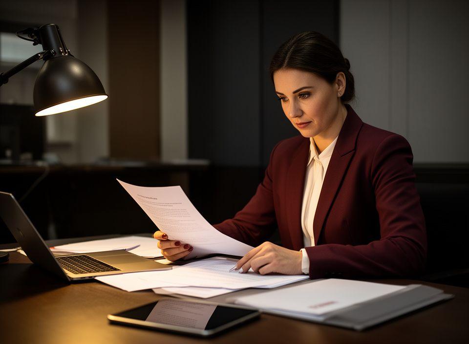 Contract solicitor reviewing a business agreement in a London office with warm desk lighting
