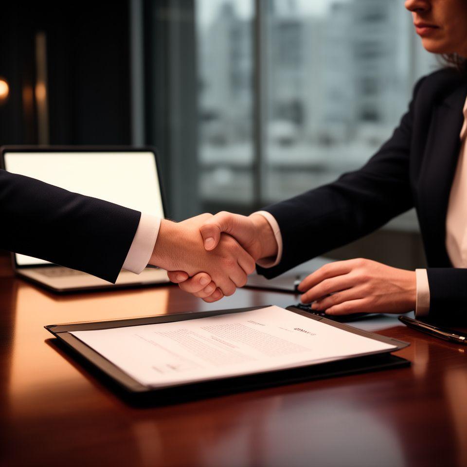 Legal professional reviewing a contract beside a polished desk in a London office, with handwritten notes and a handshake motif nearby