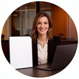 Portrait of Cherriegil Willmer in a modern office setting, smiling beside a contract folder and laptop