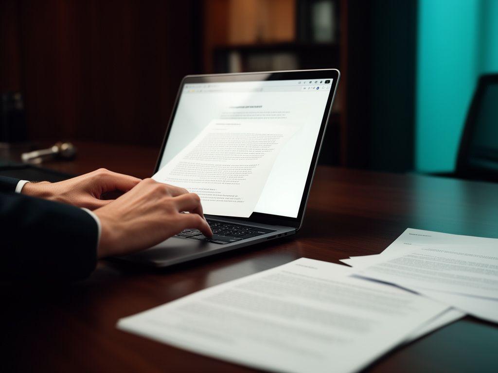 Solicitor reviewing a contract on a laptop beside printed legal documents in a modern London office
