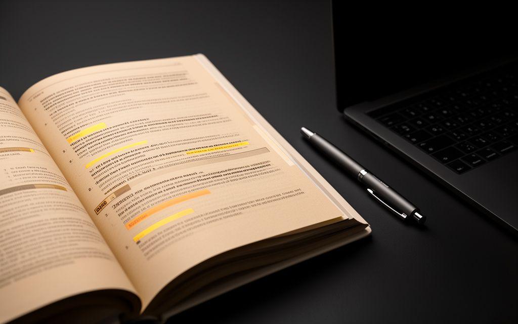 Open contract pages beside a laptop on a dark desk with highlighted commercial clauses and a pen