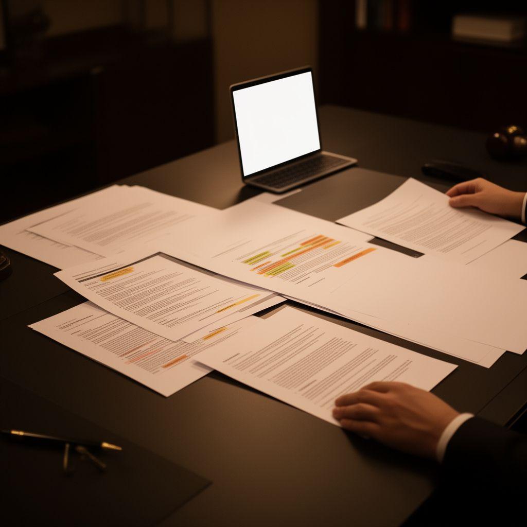 Legal advisor reviewing a contract strategy board in a warm London office with printed clauses and highlighted notes