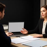 Negotiation specialist speaking with a client beside contract notes and a laptop