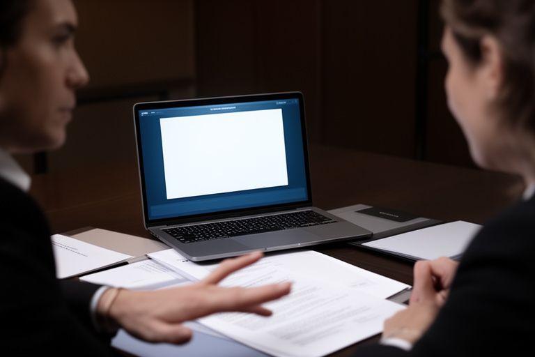 Lawyer and client sharing contract documents on a laptop during a secure virtual consultation in a quiet office
