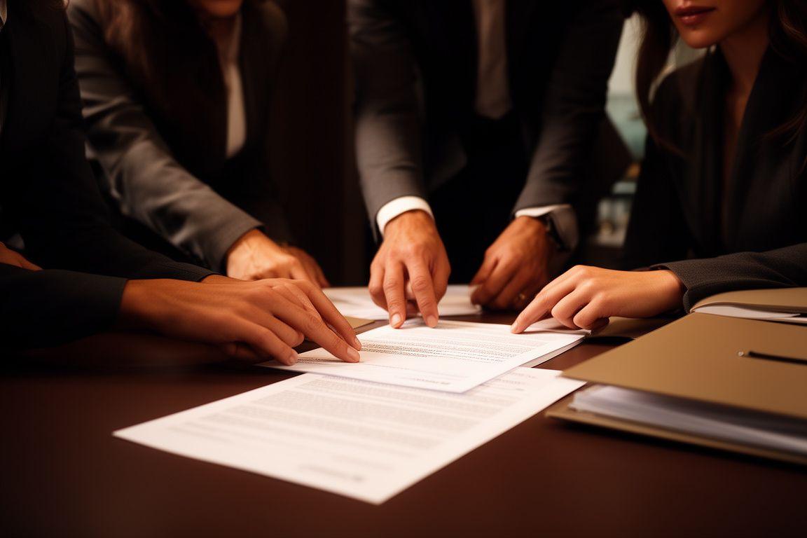 Business professionals reviewing a contract in a modern London meeting room with warm lighting and annotated pages