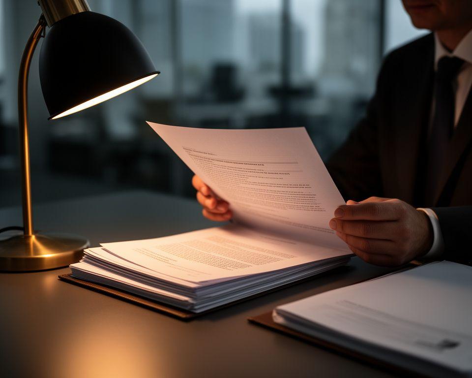 Legal adviser reviewing printed contract pages beside a desk lamp in a London office