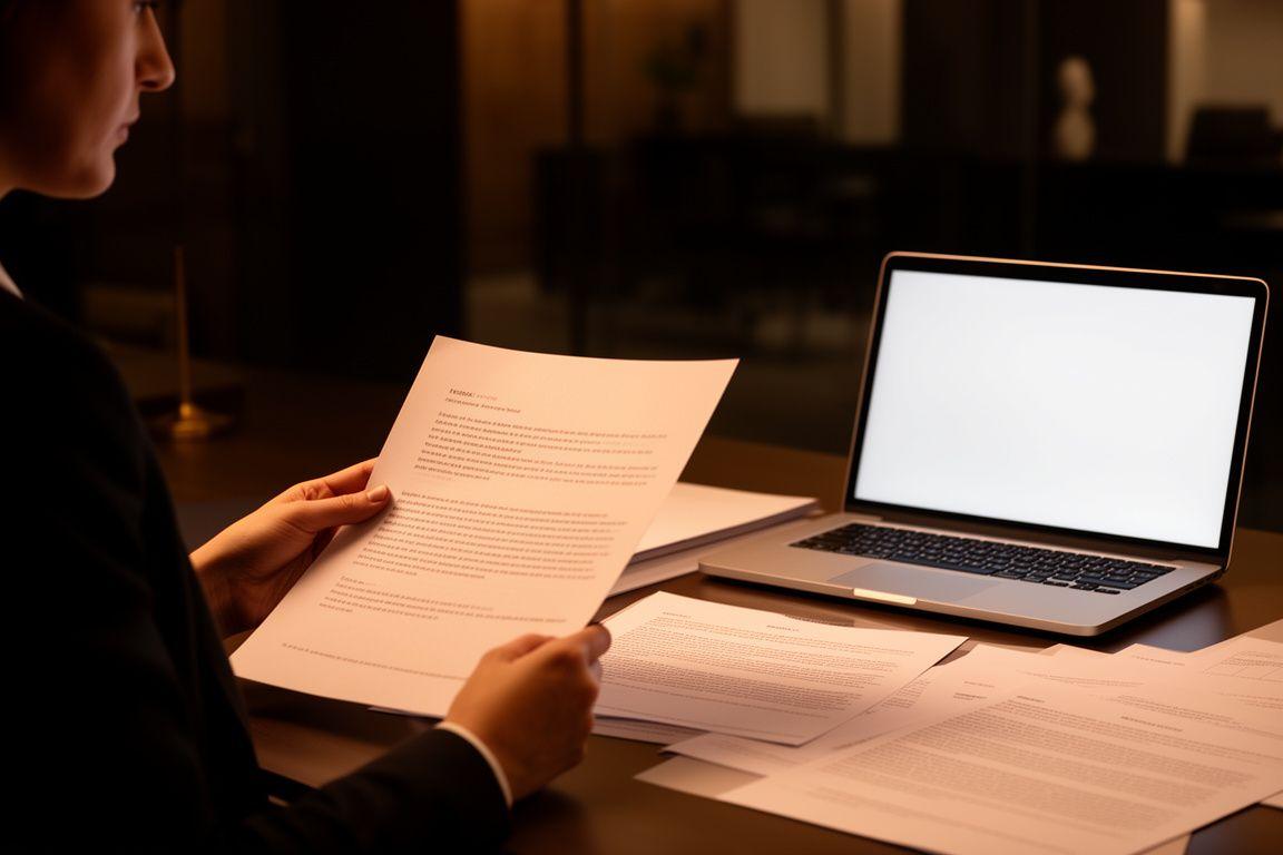 Legal consultant reviewing contract pages beside a laptop in a modern London office with warm desk lighting